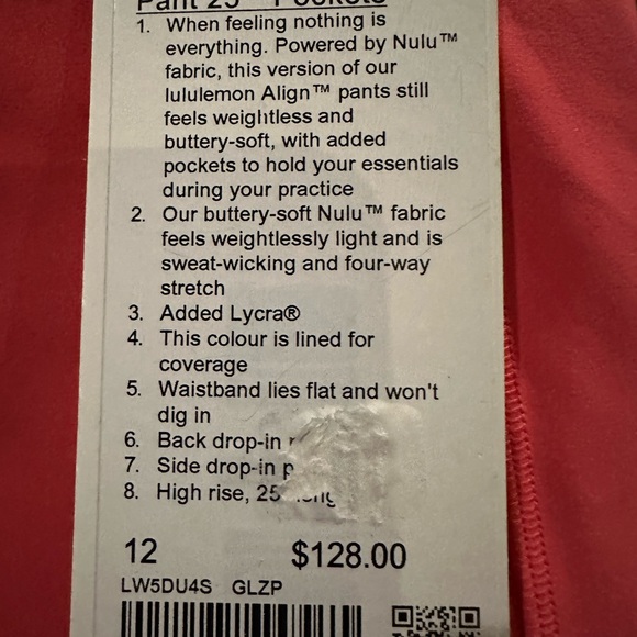 Lululemon Align 25” 🎁NWT🎁 High Rise Pant / Legging w/ Pockets sz 12 Glazed Pink - Picture 6 of 8